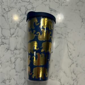 Lilly Pulitzer Blue & Gold Elephant Print Travel Mug Cup Tumbler